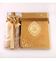 Şal + Tesbih + Kuran Hediye Seti (Hafız Boy, Kadife, Şems Lafzatullah, Gold)