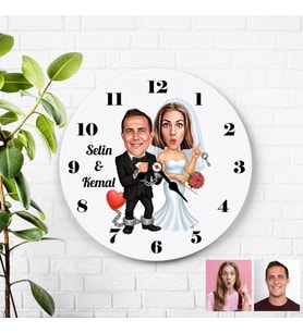 Karikatürlü Gelin Damat Mahkum Kişiye Özel Duvar Saati