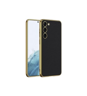 Samsung Galaxy S23 Uyumlu Kılıf Deri Görünümlü Kenarları Elektroplating Kaplama Zore Fizyon Kapak