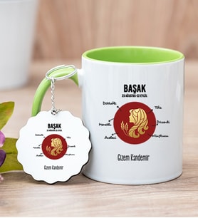 Kişiye Özel Başak Burcuna Hediye Yeşil Kupa Bardak ve Anahtarlık