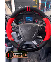 Ford Transit Custom Dikme Direksiyon Kılıfı Parlak Siyah Kırmızı Detaylı Kırmızı Çift Yüzük ve Dikiş 2014+