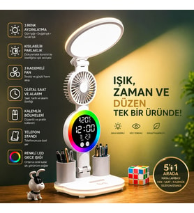 TechTic LED Masa Lambası Yuvarlak Başlı Fanlı Saatli 3 Renk RGB Işıklı Dimmer Şarjlı Göz Korumalı