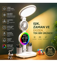 TechTic LED Masa Lambası Yuvarlak Başlı Fanlı Saatli 3 Renk RGB Işıklı Dimmer Şarjlı Göz Korumalı