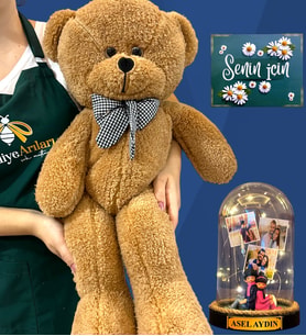 Sizlere Özel 3 Fotoğraflı, İsimli Işıklı Fanus ve Büyük Boy Kahve Peluş Ayıcık - Kişiselleştirilmiş Set (Model 8)