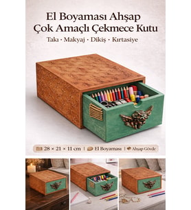 El Boyaması Ahşap Çok Amaçlı Çekmeceli Kutu – Takı, Makyaj, Dikiş Dekoratif Saklama Kutusu (Sarı-Yeşil-Kahverengi-Beyaz)