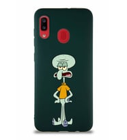 Samsung Galaxy A30 Soft Premier Kapak Squidward Dokunaç Tasarımlı Silikon Kılıf - Yeşil (Şeffaf)