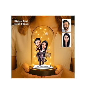 Kişiye Özel Çift Karikatür Fanus  Sevgili ve Evlilere Özel Işıklı Biblo