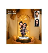 Kişiye Özel Çift Karikatür Fanus  Sevgili ve Evlilere Özel Işıklı Biblo
