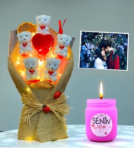 Size Özel Fotoğraflı Led Işıklı Buket ve Kokulu Cam Mum, Kişiye Özel Hediye Seti (Model 1)