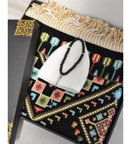 rkekler için Kilim Desenli Seccade, 33’lü Tesbih, Takke ve Özel Kutu Hediyelik Set (Siyah)