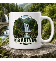 Artvin Temalı Memleket Kupası – 08 Artvin Şelale Taş Köprü ve Dağ Manzarası Baskılı Seramik Kupa
