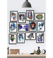 12 Parça Çerçeve Görünümlü Rengarenk Hayvanlar Dekoratif Temalı Mdf Tablo Seti (80x80 Cm)