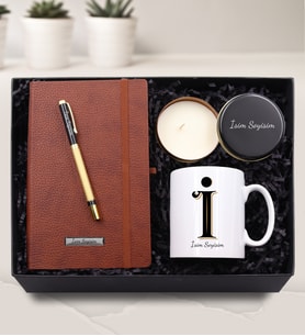 Kişiye Özel Kahverengi Defter & Vintage Harf Kupa & Gold Roller Kalem & Siyah Metal Kutulu Mum Hediye Seti