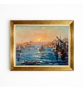 Tablore İstanbul Boğazı Gün Batımı Yağlı Boya Dokulu Altın Çerçeveli Salon Tablosu