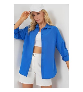 Bigdart Oversize Uzun Basic Mavi Kadın Gömlek 3900