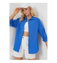 Bigdart Oversize Uzun Basic Mavi Kadın Gömlek 3900