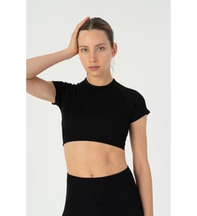 Maraton SlimFit Kadın Bisiklet Yaka Siyah Crop Top