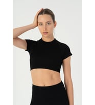 Maraton SlimFit Kadın Bisiklet Yaka Siyah Crop Top