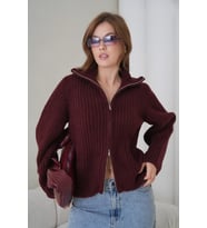 Kadın Devrik Yaka Fermuar Kapama Fitilli Triko Ceket (Bordo)