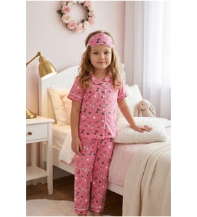Kız Çocuk Pembe Düğmeli Pijama Takımı Yazlık Pamuklu Kısa Kollu Uyku Bantlı