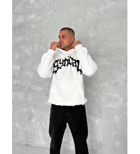 Unisex Üç İplik Kapşonlu Baskılı SweatShirt - Beyaz