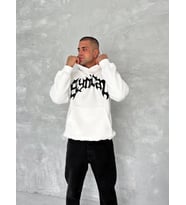 Unisex Üç İplik Kapşonlu Baskılı SweatShirt - Beyaz
