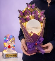 Led Işıklı Aynalı Mor Kelebek Buketi (Kişiye Özel Renkli Led Işıklı Fanus Hediyeli) (Model 1)