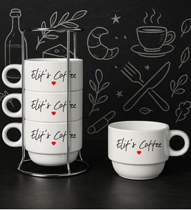 BK Gift Kişiye Özel Standlı 4'lü Fincan Seti-1 , Yeni Ev Hediyesi, Arkadaşa Hediye