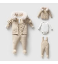 8332N Unisex Bebek Triko Düğmeli Hırkalı 3'lü Naturel Yün Salopet Takım