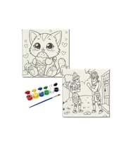 Okul Etkinliği-2'li Tuval Boyama Seti. 20x20 Cm Uv Baskı 6 Akrilik Boya 1 Fırça-model-360