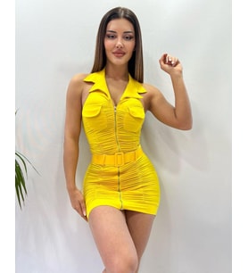 Sarı Fermuar Detaylı Kemerli Büzgülü Elbise