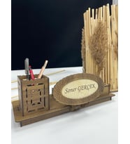 Dekoratif Ahşap Kalemlik, İsimlik Desenli Lazer Kesim, MDF