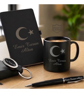 İsme Özel  Mustafa Kemal Atatürk Tasarım Kupa Bardak, Defter, Kalem, Anahtarlık  Premium Tasarım Erkek Kadın Hediye Seti