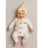 BABYDEN'S Minik Patron Erkek Bebek Düğmeli Tulum ve Bere Seti – Papyonlu,Manşetli Paça, %100 Pamuk Bebek Tulum (Sarı)