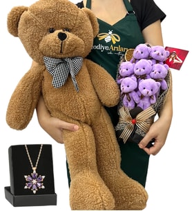 Fotoğraflı Hediye Seti - Ametist Taşlı Lotus Kolye, 7'li Ayıcık Buketi ve Kahve Peluş Ayıcık (Model 3)