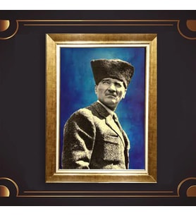 Altın Varaklı Çerçeveli Paspartulu Atatürk Tablo nl02A412 (Gold)