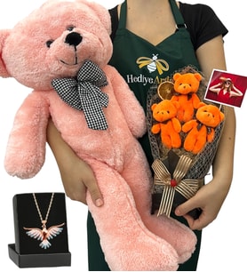 Fotoğraflı Hediye Seti - Renkli Anka Kuşu Kolyeli, 3'lü Ayıcık Buketli ve Pembe Peluş Ayıcıklı Set (Model 3)