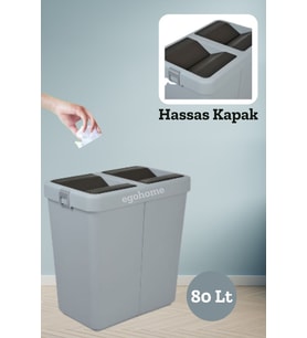 Gri Renkli 80 Lt Çift Kapaklı Çöp Kutusu, Şık ve Kullanışlı Tasarım