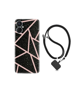 Spark 9t Kılıf Ipli Boyun Askılı Desenli Silikon Pembe Şeritli Mermer 1312