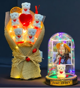 Kişiye Özel Renkli Led Işıklı Fanus ve Led Işıklı Ayıcık Buketi Hediye Seti (Model 1)