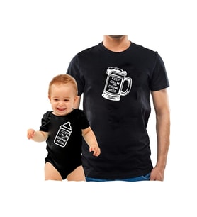 Babalar Günü Hediyesi Baba Oğul Kombin Keep Calm Drınk Beer & Mılk Tshirt Zıbın
