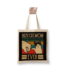 Vintage Best Cat Mom Kedi Annesi Beyaz Bez Çanta Uzun Saplı Alışveriş Çantası Plaj Çantası