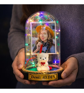Kişiye Özel Fotoğraflı ve Yazılı Renkli LED Işıklı Fanus – Sevgiliye, Eşe, Anneye Özel Hediye R1 (Model 5)