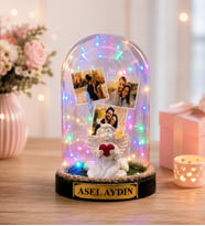 Kişiye Özel 3 Fotoğraflı ve Yazılı Renkli LED Işıklı Fanus Romantik Anlamlı Hediye (beyaz melekli)
