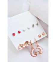 Aykedi Gökkuşağı Ve Yıldız Tasarımlı Tektaşlı Renkli Top Küpeli Rose Renkli 12li Kadın Küpe Seti