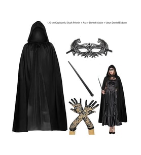 120 cm Kapüşonlu Siyah Pelerin + Asa + Dantel Maske + Uzun Dantel Siyah Eldiven Kostüm Seti (5343)