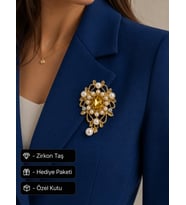 Premium Hediye İnci Taş Detaylı Gold Renk Kadın Broşu Vintage Tasarım