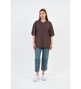 V Yaka Oversize T-shirt (E24-742A-WN) (Kahverengi)