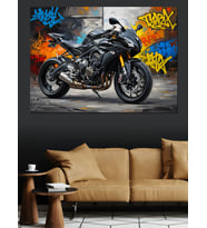 Grafiti Duvar Önünde Modern Motor Dekoratif Kanvas - Mdf Ahşap Tablo