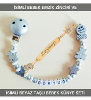 Sahi Aksesuar İsimli Bebek Gri Emzik Zinciri ve İsimli Bebek Künye Seti